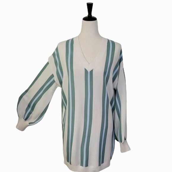 Wild Fable Green Striped Ballon Sleeve V-neck Ribbed Tunic Length Sweater Size M - Picture 1 of 8